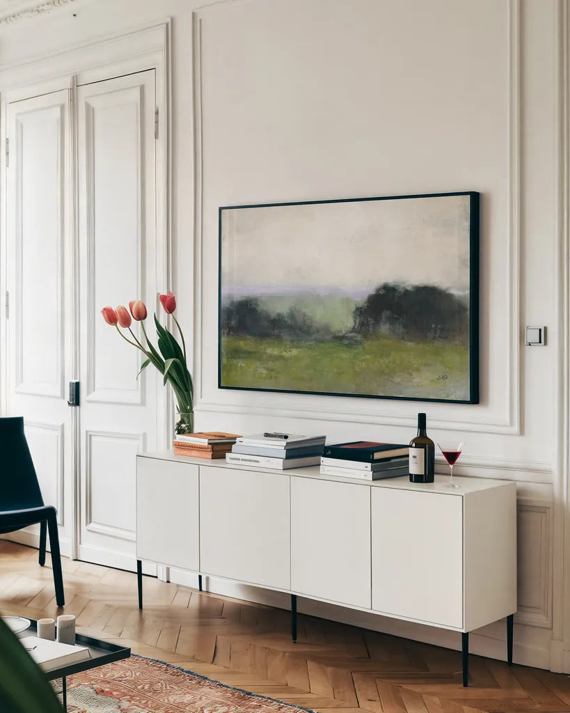 First View of the Water Crop by Julia Purinton. shown as a framed stretched canvas in a living room above a console. Available as a archival giclee rolled canvas, fine art paper, or poster print. SKU 76014i.