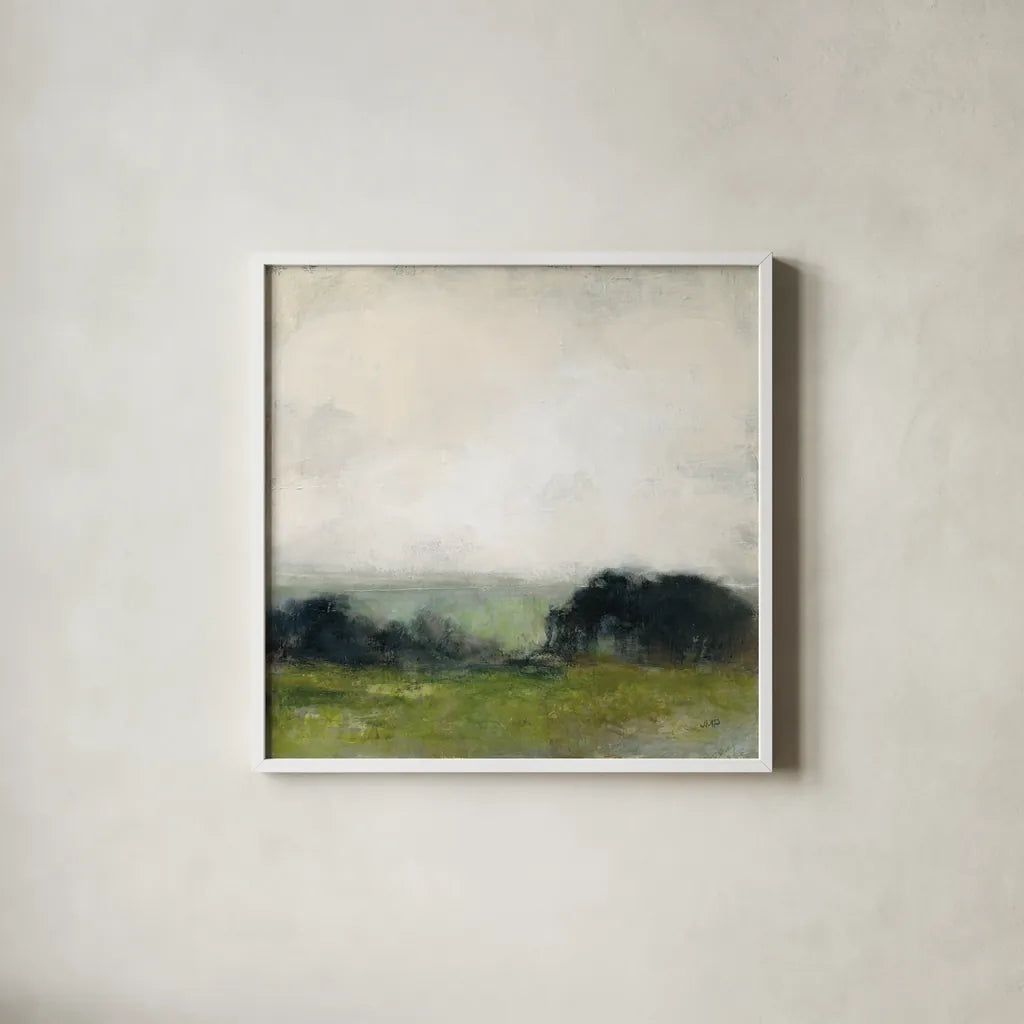 First View of the Water Neutral by Julia Purinton. Shown in a crisp white glass frame for a clean and minimalist style. Available as an archival giclee rolled canvas, fine art paper, or poster print. SKU 77360a.