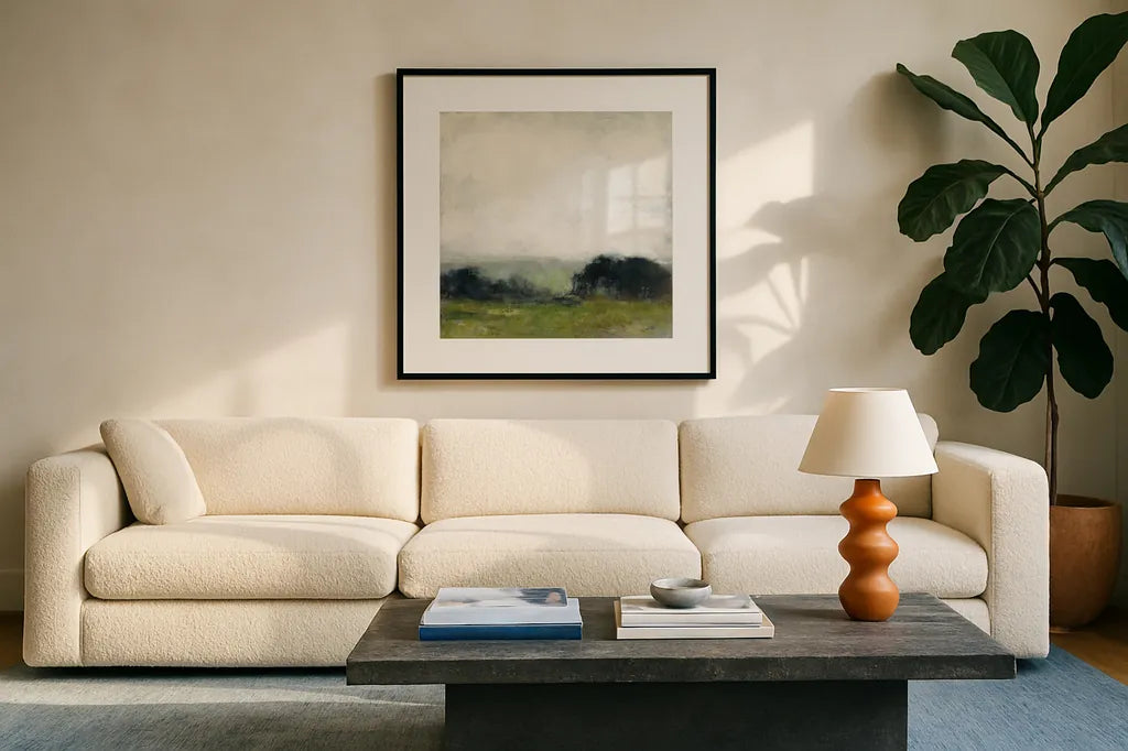 First View of the Water Neutral by Julia Purinton. Displayed in a glass frame with matte in a clean modern living room. Available as an archival giclee rolled canvas, fine art paper, or poster print. SKU 77360a.