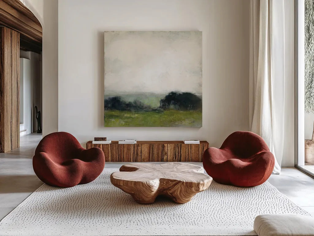 First View of the Water Neutral by Julia Purinton. Shown as extra-large giant wall art in a modern living room. Available as an archival giclee rolled canvas, fine art paper, or poster print. SKU 77360a.