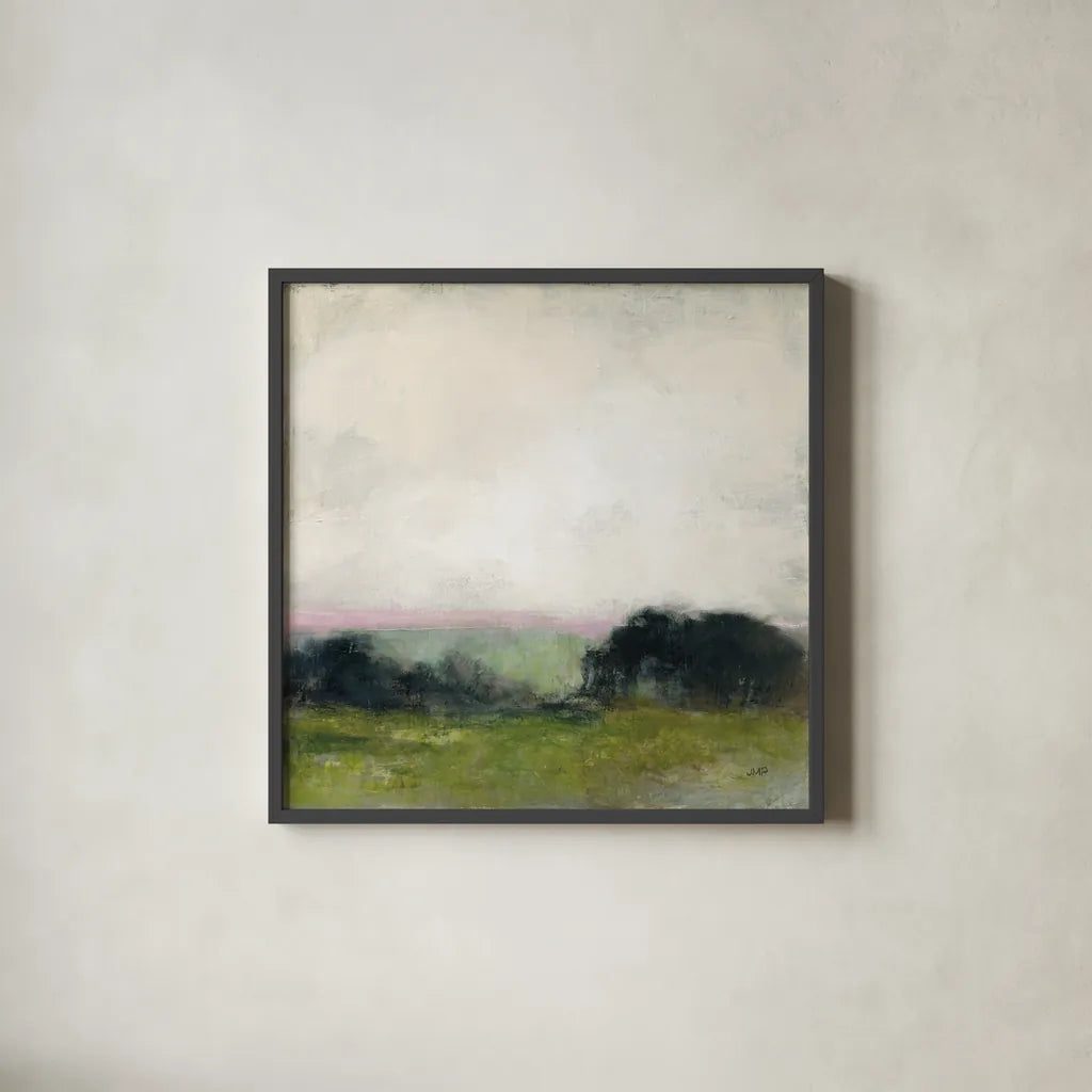 First View of the Water with Pink by Julia Purinton. Shown in a sleek black glass frame for a contemporary gallery look. Available as an archival giclee rolled canvas, fine art paper, or poster print. SKU 79223a.