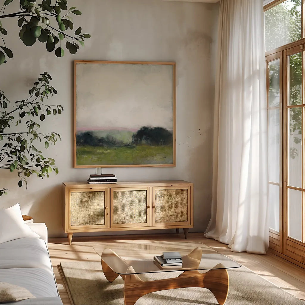 First View of the Water with Pink by Julia Purinton. Shown in a natural wood frame in a cozy modern living room. Available as an archival giclee rolled canvas, fine art paper, or poster print. SKU 79223a.