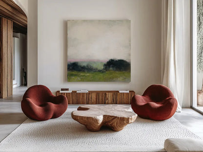 First View of the Water with Pink by Julia Purinton. Shown as extra-large giant wall art in a modern living room. Available as an archival giclee rolled canvas, fine art paper, or poster print. SKU 79223a.