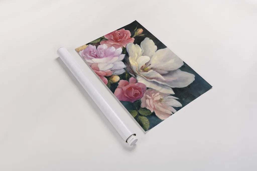 Flemish Fantasy Rose Crop by Julia Purinton. shown as a rolled paper print. Available as archival giclee rolled canvas, fine art paper, or poster print. SKU 32140i.