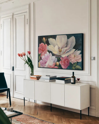 Flemish Fantasy Rose Crop by Julia Purinton. shown as a framed stretched canvas in a living room above a console. Available as a archival giclee rolled canvas, fine art paper, or poster print. SKU 32140i.