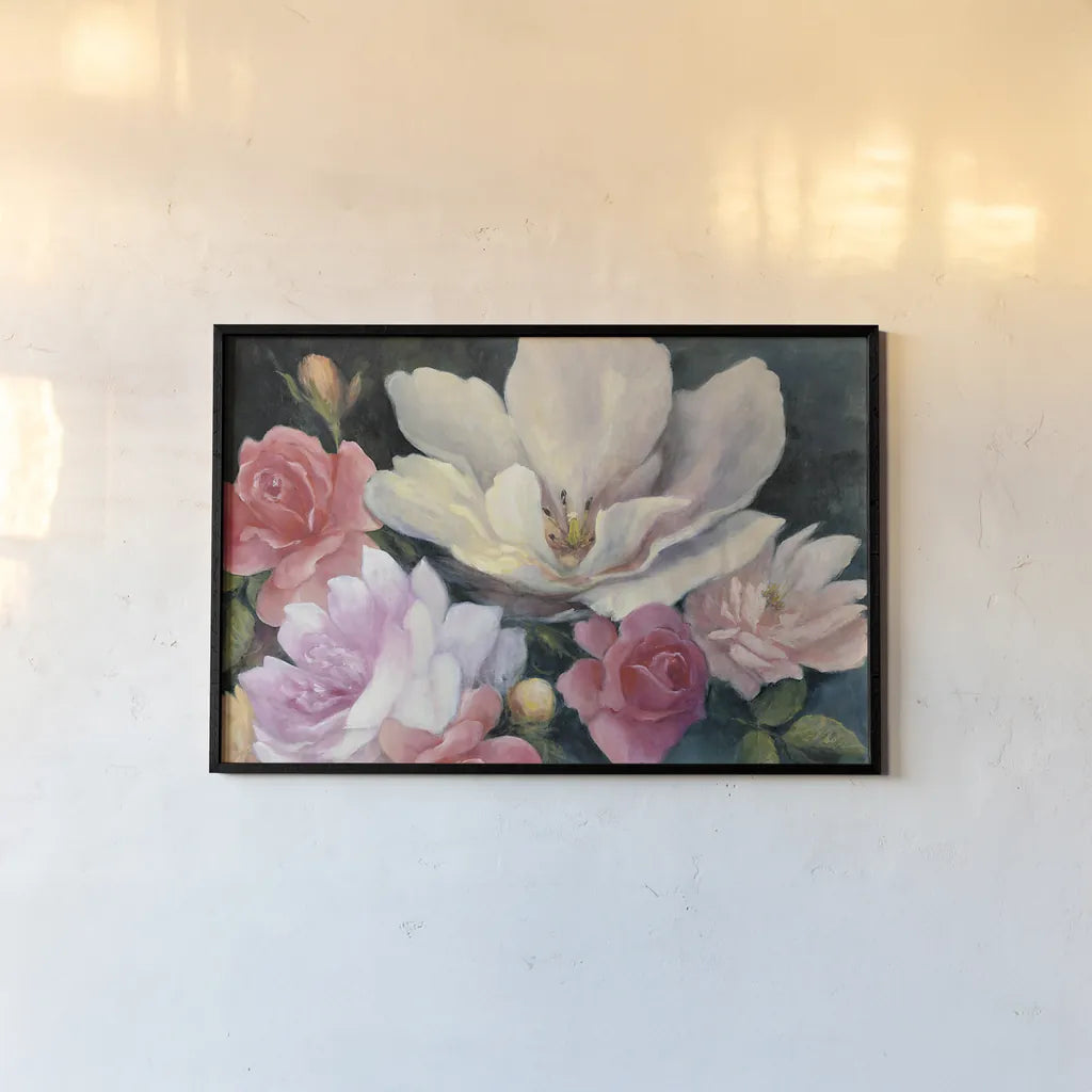 Flemish Fantasy Rose Crop by Julia Purinton. shown as a paper print in a black flame. Available as a archival giclee rolled canvas, fine art paper, or poster print. SKU 32140i.
