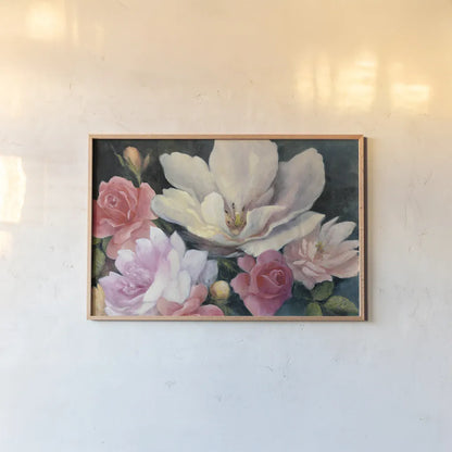 Flemish Fantasy Rose Crop by Julia Purinton. shown as a paper print in a natural frame. Available as a archival giclee rolled canvas, fine art paper, or poster print. SKU 32140i.