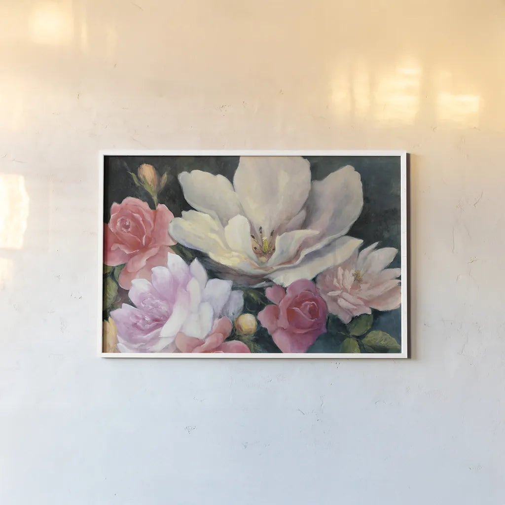 Flemish Fantasy Rose Crop by Julia Purinton. shown as a paper print in a white frame. Available as a archival giclee rolled canvas, fine art paper, or poster print. SKU 32140i.