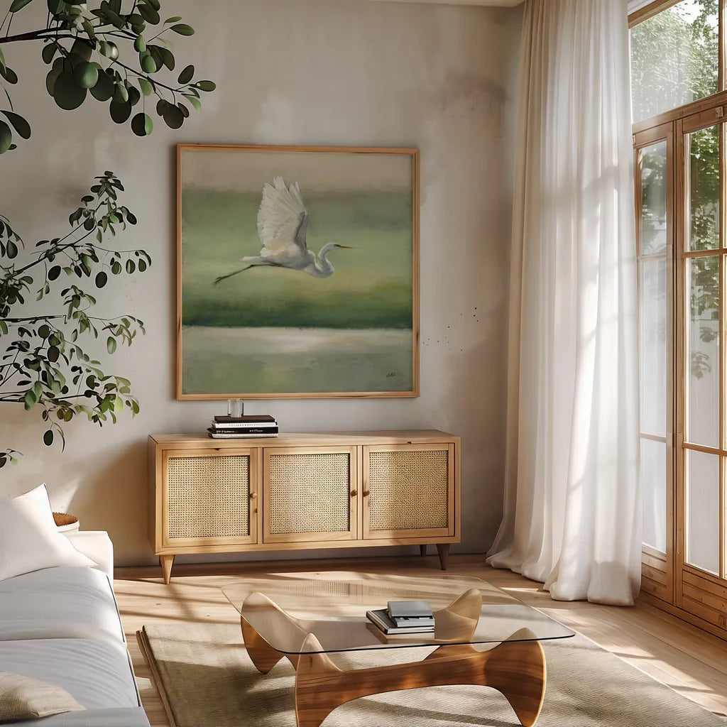Flight by Julia Purinton. Shown in a natural wood frame in a cozy modern living room. Available as an archival giclee rolled canvas, fine art paper, or poster print. SKU 76015a.