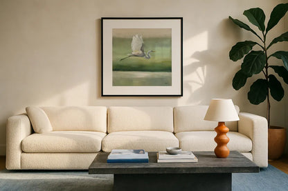 Flight by Julia Purinton. Displayed in a glass frame with matte in a clean modern living room. Available as an archival giclee rolled canvas, fine art paper, or poster print. SKU 76015a.