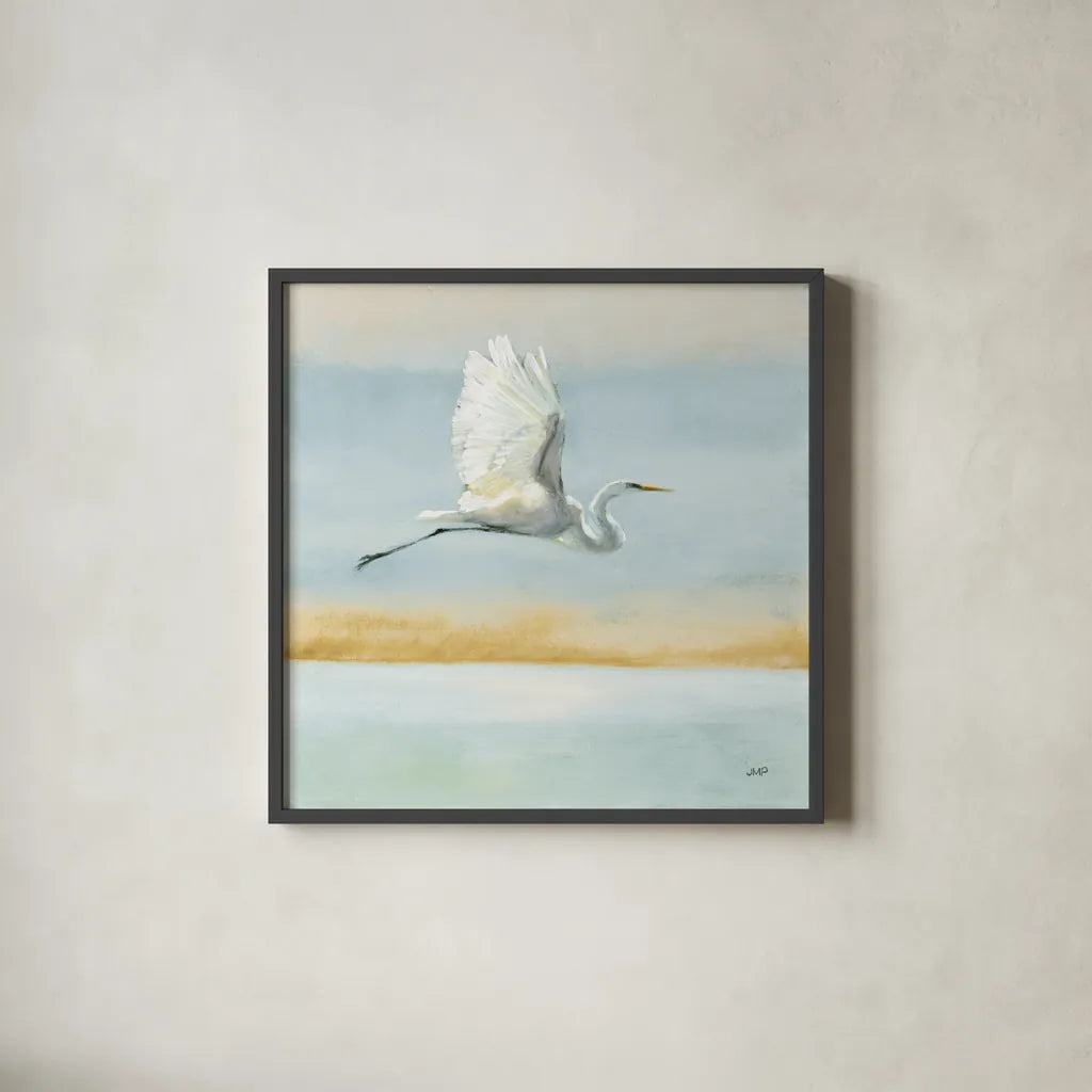 Flight Blue Sky by Julia Purinton. Shown in a sleek black glass frame for a contemporary gallery look. Available as an archival giclee rolled canvas, fine art paper, or poster print. SKU 78559a.