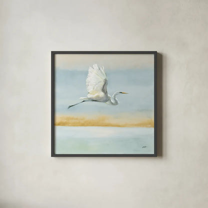 Flight Blue Sky by Julia Purinton. Shown in a sleek black glass frame for a contemporary gallery look. Available as an archival giclee rolled canvas, fine art paper, or poster print. SKU 78559a.