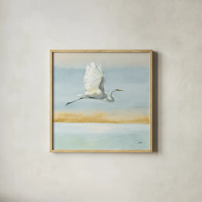 Flight Blue Sky by Julia Purinton. Shown in a natural wood glass frame for a timeless modern aesthetic. Available as an archival giclee rolled canvas, fine art paper, or poster print. SKU 78559a.
