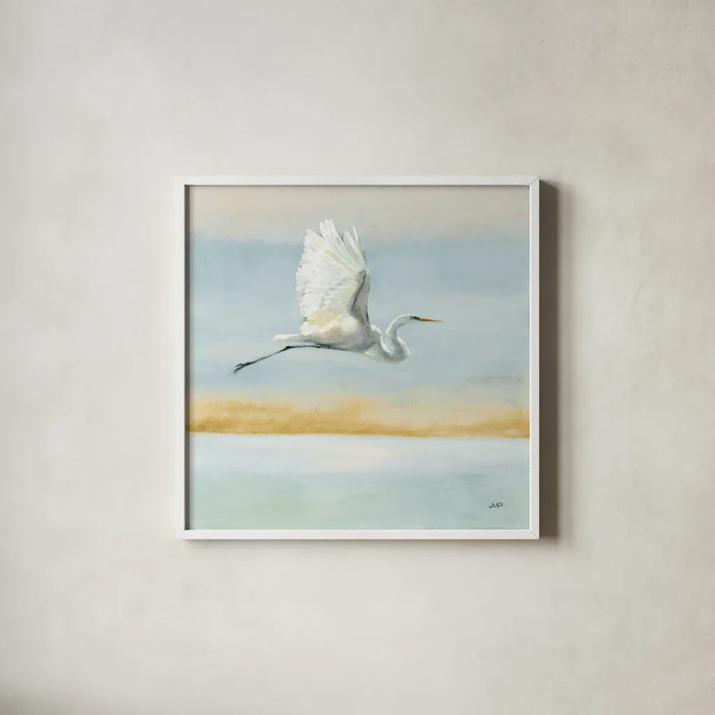 Flight Blue Sky by Julia Purinton. Shown in a crisp white glass frame for a clean and minimalist style. Available as an archival giclee rolled canvas, fine art paper, or poster print. SKU 78559a.
