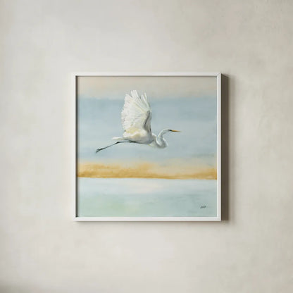 Flight Blue Sky by Julia Purinton. Shown in a crisp white glass frame for a clean and minimalist style. Available as an archival giclee rolled canvas, fine art paper, or poster print. SKU 78559a.