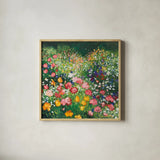Floral Bounty by Julia Purinton. Shown in a natural wood glass frame for a timeless modern aesthetic. Available as an archival giclee rolled canvas, fine art paper, or poster print. SKU 95721a.
