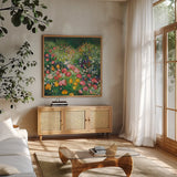 Floral Bounty by Julia Purinton. Shown in a natural wood frame in a cozy modern living room. Available as an archival giclee rolled canvas, fine art paper, or poster print. SKU 95721a.