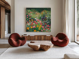 Floral Bounty by Julia Purinton. Shown as extra-large giant wall art in a modern living room. Available as an archival giclee rolled canvas, fine art paper, or poster print. SKU 95721a.