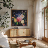 Floral Fun I by Julia Purinton. Shown in a natural wood frame in a cozy modern living room. Available as an archival giclee rolled canvas, fine art paper, or poster print. SKU 19733a.