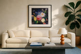 Floral Fun I by Julia Purinton. Displayed in a glass frame with matte in a clean modern living room. Available as an archival giclee rolled canvas, fine art paper, or poster print. SKU 19733a.