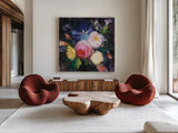Floral Fun I by Julia Purinton. Shown as extra-large giant wall art in a modern living room. Available as an archival giclee rolled canvas, fine art paper, or poster print. SKU 19733a.