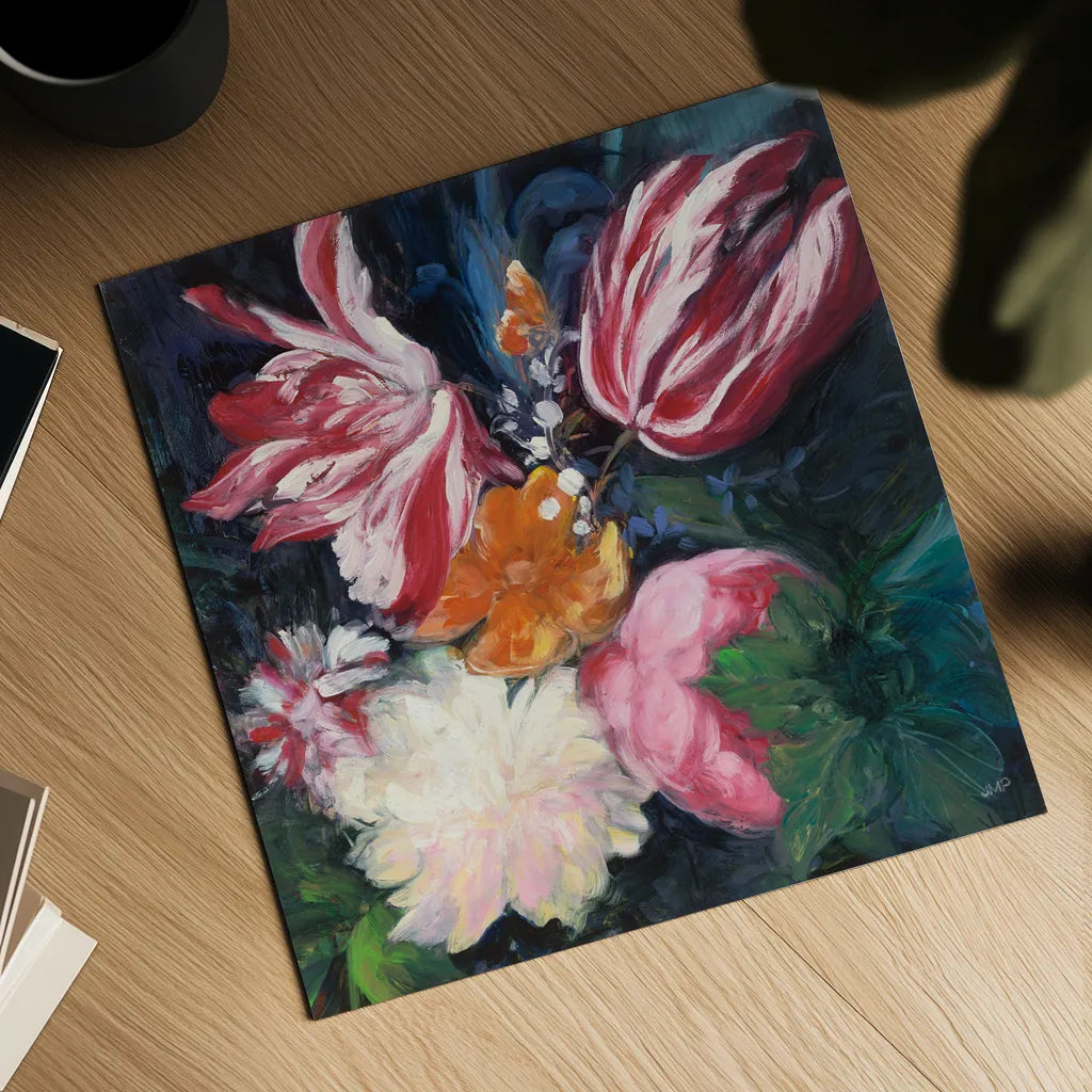 Floral Fun II by Julia Purinton. Shown as a detailed flat fine art print, highlighting archival giclee quality. Available as an archival giclee rolled canvas, fine art paper, or poster print. SKU 37747a.