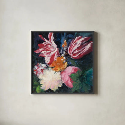Floral Fun II by Julia Purinton. Shown in a sleek black glass frame for a contemporary gallery look. Available as an archival giclee rolled canvas, fine art paper, or poster print. SKU 37747a.