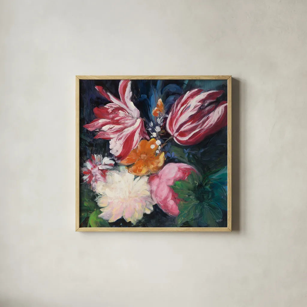 Floral Fun II by Julia Purinton. Shown in a natural wood glass frame for a timeless modern aesthetic. Available as an archival giclee rolled canvas, fine art paper, or poster print. SKU 37747a.