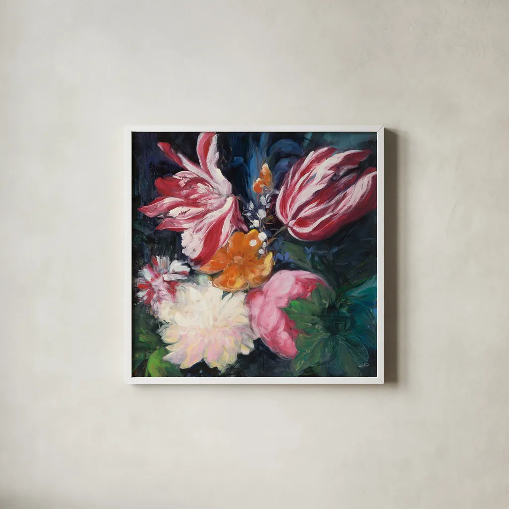 Floral Fun II by Julia Purinton. Shown in a crisp white glass frame for a clean and minimalist style. Available as an archival giclee rolled canvas, fine art paper, or poster print. SKU 37747a.