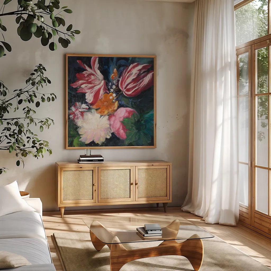 Floral Fun II by Julia Purinton. Shown in a natural wood frame in a cozy modern living room. Available as an archival giclee rolled canvas, fine art paper, or poster print. SKU 37747a.