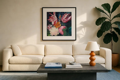 Floral Fun II by Julia Purinton. Displayed in a glass frame with matte in a clean modern living room. Available as an archival giclee rolled canvas, fine art paper, or poster print. SKU 37747a.