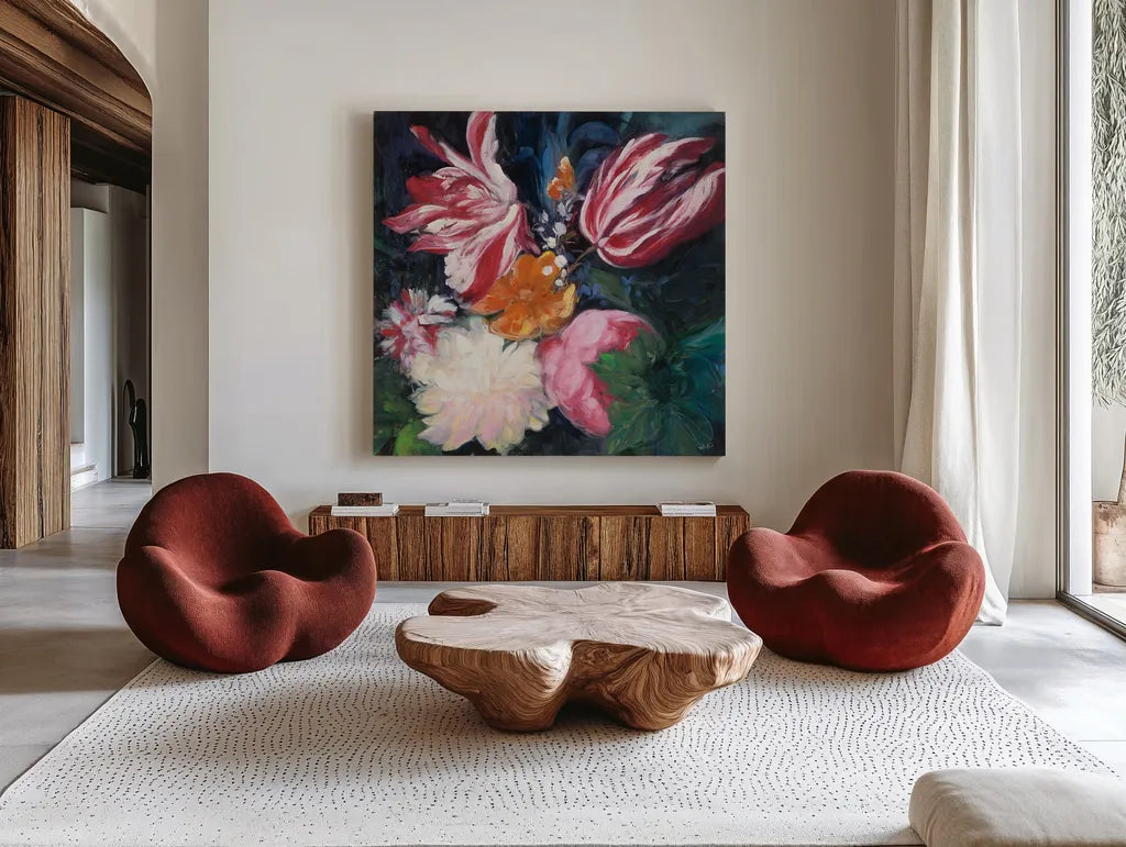 Floral Fun II by Julia Purinton. Shown as extra-large giant wall art in a modern living room. Available as an archival giclee rolled canvas, fine art paper, or poster print. SKU 37747a.
