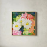 Floral Spectacular I by Julia Purinton. Shown in a natural wood glass frame for a timeless modern aesthetic. Available as an archival giclee rolled canvas, fine art paper, or poster print. SKU 90689a.