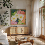 Floral Spectacular I by Julia Purinton. Shown in a natural wood frame in a cozy modern living room. Available as an archival giclee rolled canvas, fine art paper, or poster print. SKU 90689a.
