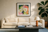 Floral Spectacular I by Julia Purinton. Displayed in a glass frame with matte in a clean modern living room. Available as an archival giclee rolled canvas, fine art paper, or poster print. SKU 90689a.