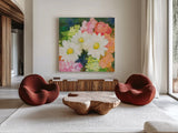 Floral Spectacular I by Julia Purinton. Shown as extra-large giant wall art in a modern living room. Available as an archival giclee rolled canvas, fine art paper, or poster print. SKU 90689a.