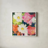 Floral Spectacular II by Julia Purinton. Shown in a crisp white glass frame for a clean and minimalist style. Available as an archival giclee rolled canvas, fine art paper, or poster print. SKU 90690a.