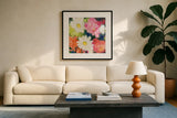 Floral Spectacular II by Julia Purinton. Displayed in a glass frame with matte in a clean modern living room. Available as an archival giclee rolled canvas, fine art paper, or poster print. SKU 90690a.
