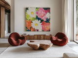 Floral Spectacular II by Julia Purinton. Shown as extra-large giant wall art in a modern living room. Available as an archival giclee rolled canvas, fine art paper, or poster print. SKU 90690a.