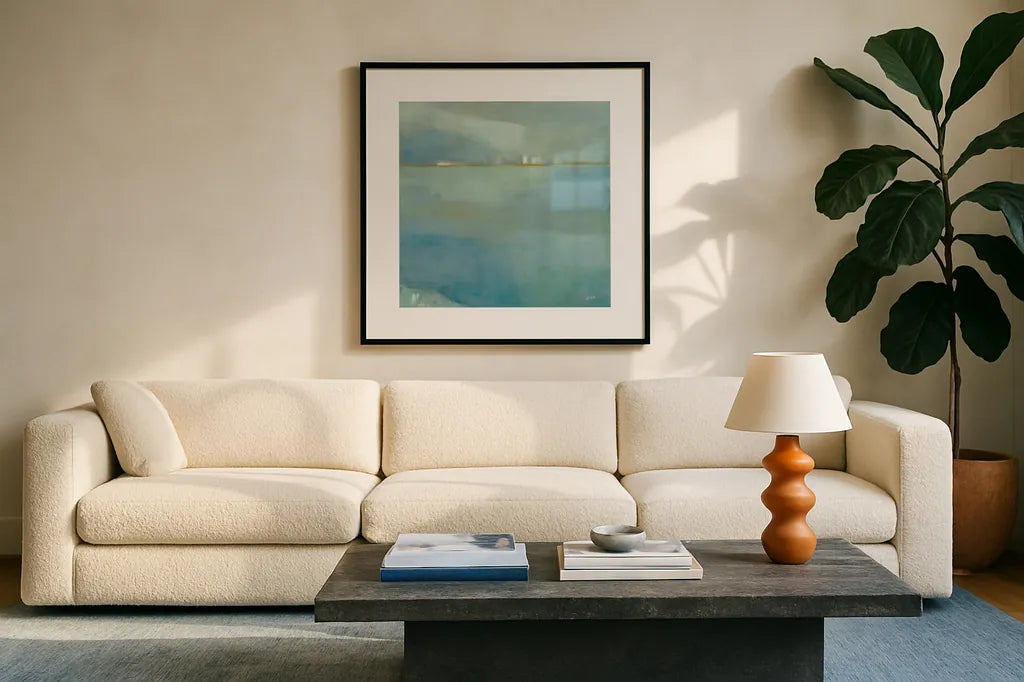 Fog and Dew by Julia Purinton. Displayed in a glass frame with matte in a clean modern living room. Available as an archival giclee rolled canvas, fine art paper, or poster print. SKU 81290a.