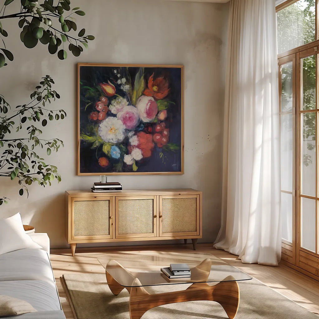 For Eliza by Julia Purinton. Shown in a natural wood frame in a cozy modern living room. Available as an archival giclee rolled canvas, fine art paper, or poster print. SKU 16106a.