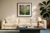 Forest Contemplation by Julia Purinton. Displayed in a glass frame with matte in a clean modern living room. Available as an archival giclee rolled canvas, fine art paper, or poster print. SKU 96713a.