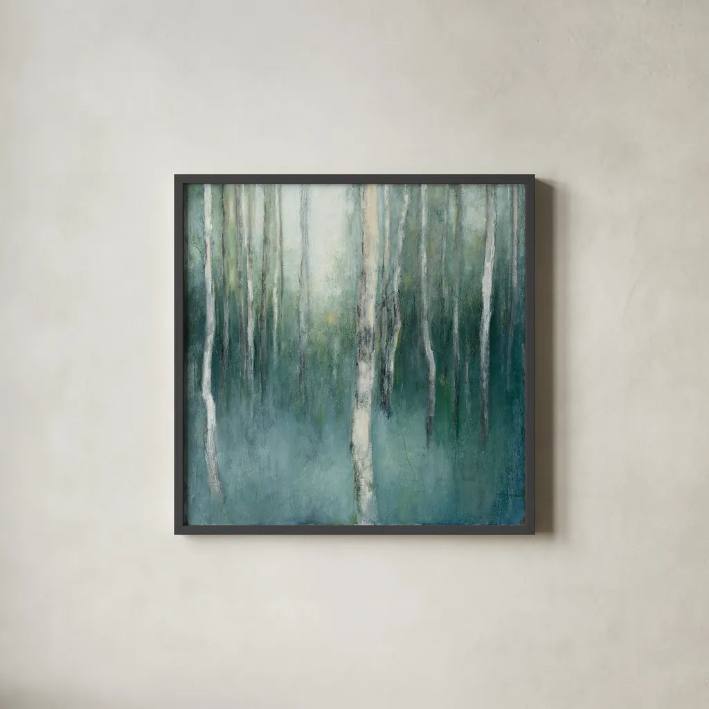 Forest Dream by Julia Purinton. Shown in a sleek black glass frame for a contemporary gallery look. Available as an archival giclee rolled canvas, fine art paper, or poster print. SKU 30290a.