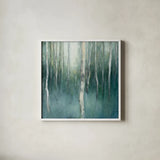 Forest Dream by Julia Purinton. Shown in a crisp white glass frame for a clean and minimalist style. Available as an archival giclee rolled canvas, fine art paper, or poster print. SKU 30290a.