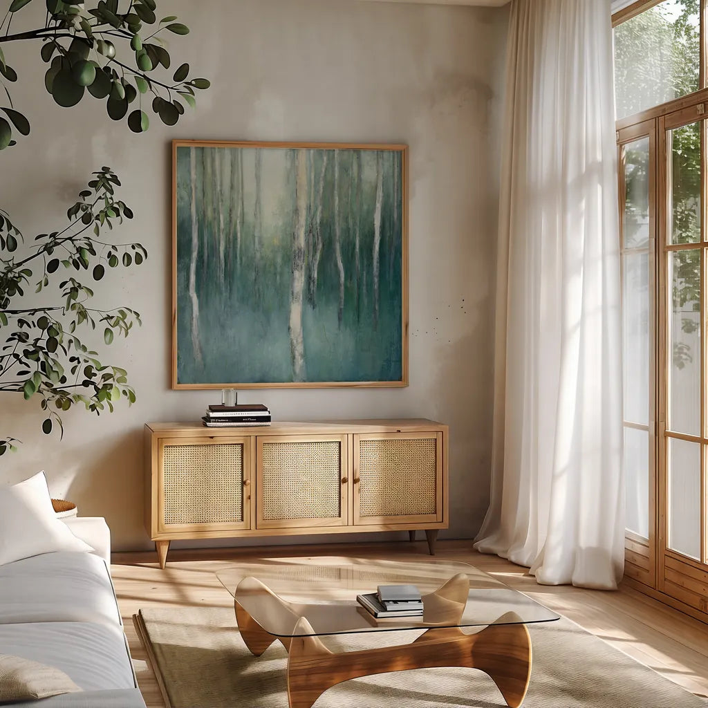 Forest Dream by Julia Purinton. Shown in a natural wood frame in a cozy modern living room. Available as an archival giclee rolled canvas, fine art paper, or poster print. SKU 30290a.