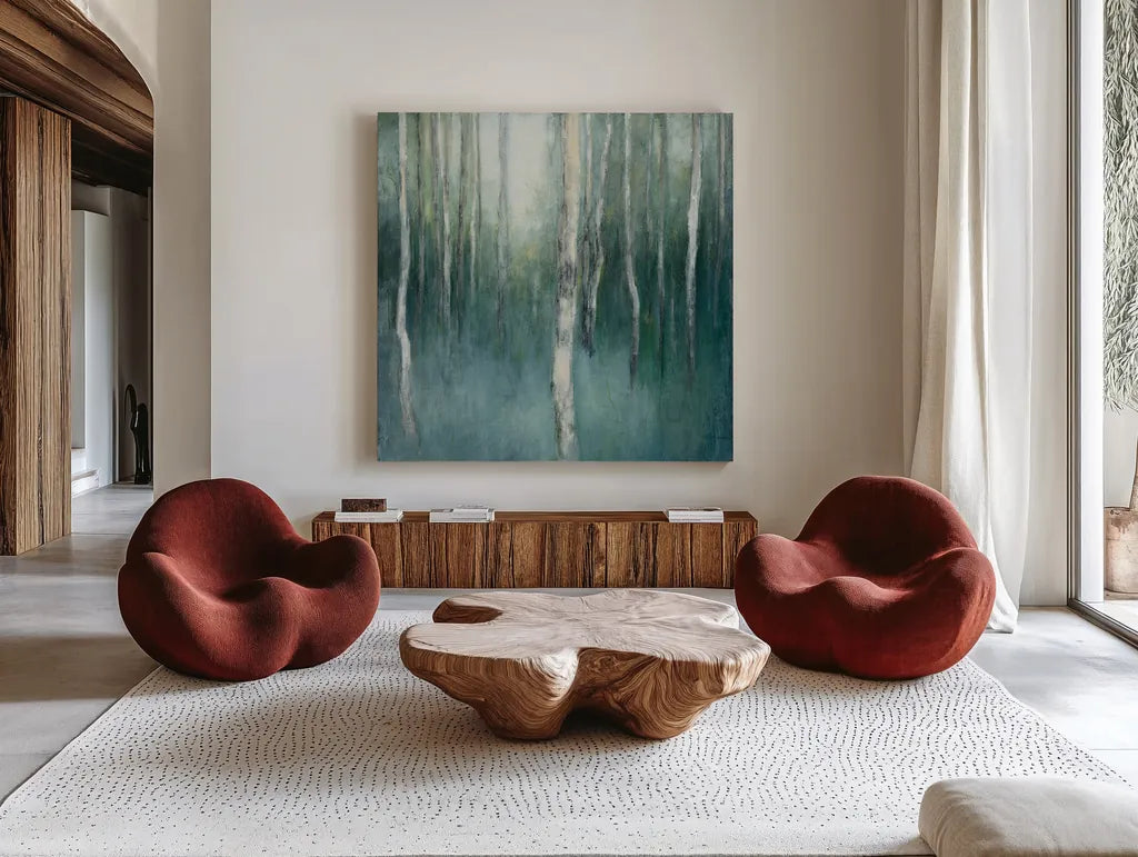 Forest Dream by Julia Purinton. Shown as extra-large giant wall art in a modern living room. Available as an archival giclee rolled canvas, fine art paper, or poster print. SKU 30290a.