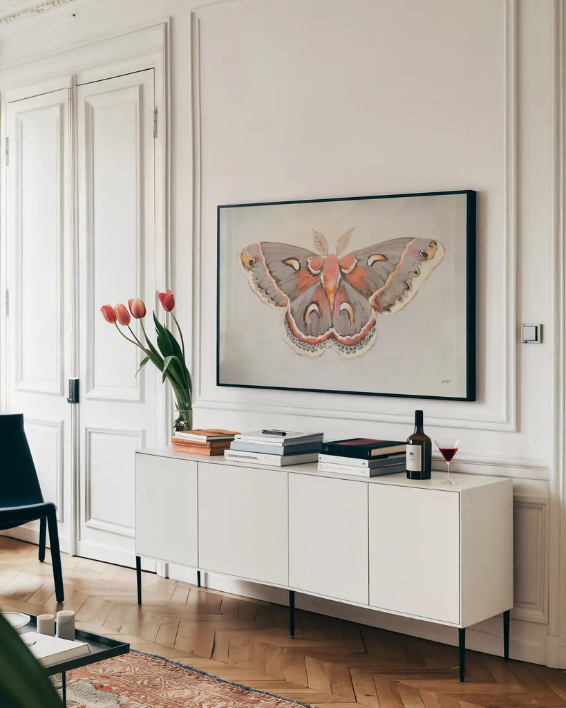 Forest Moth I by Julia Purinton. shown as a framed stretched canvas in a living room above a console. Available as a archival giclee rolled canvas, fine art paper, or poster print. SKU 91061i.