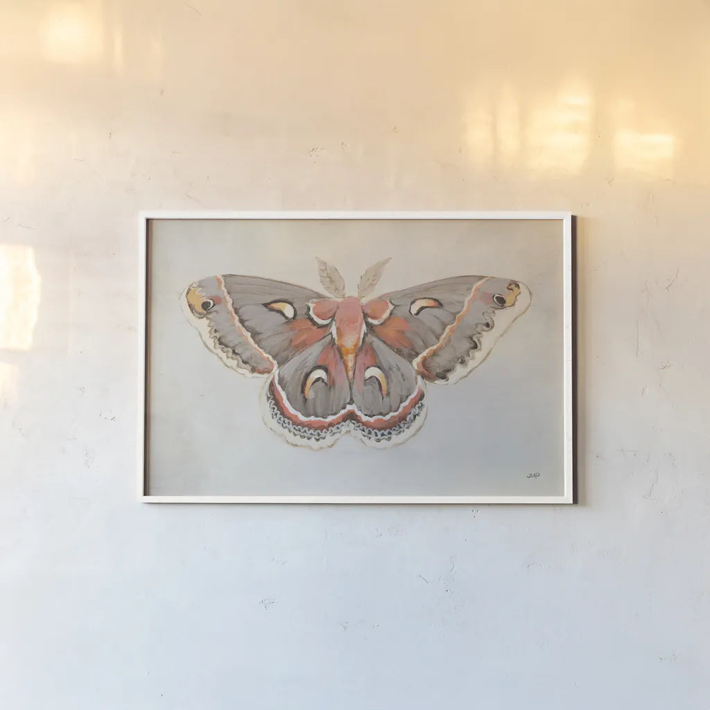 Forest Moth I by Julia Purinton. shown as a paper print in a white frame. Available as a archival giclee rolled canvas, fine art paper, or poster print. SKU 91061i.