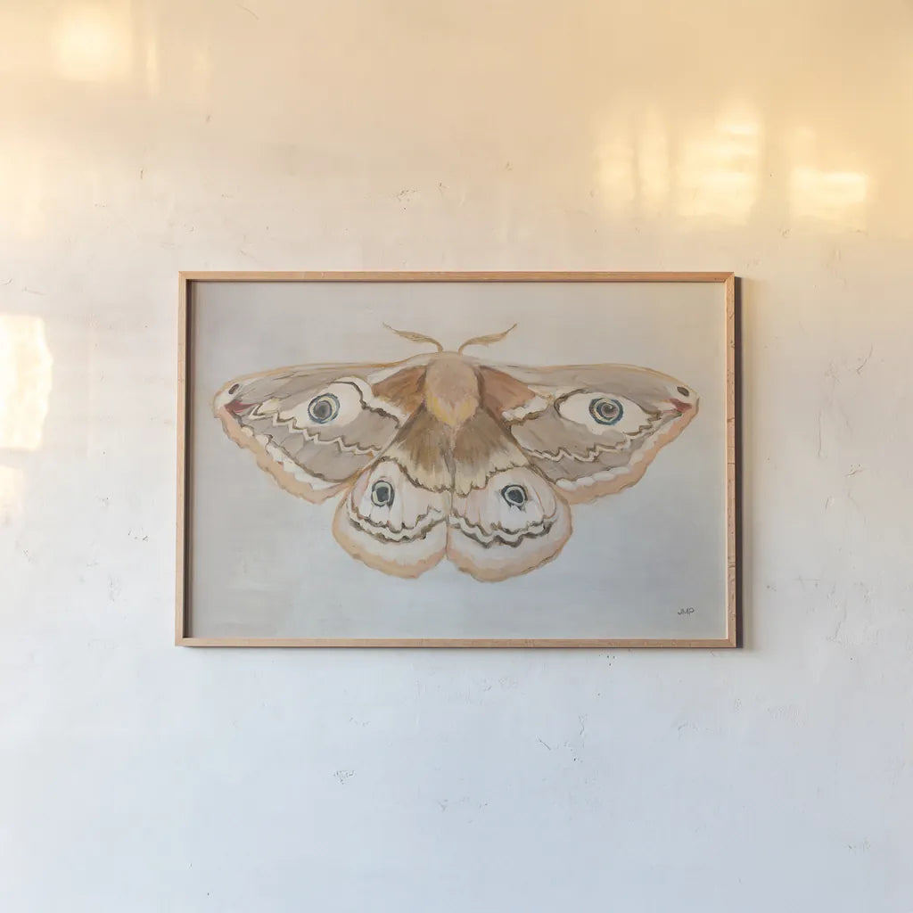 Forest Moth II by Julia Purinton. shown as a paper print in a natural frame. Available as a archival giclee rolled canvas, fine art paper, or poster print. SKU 91062i.