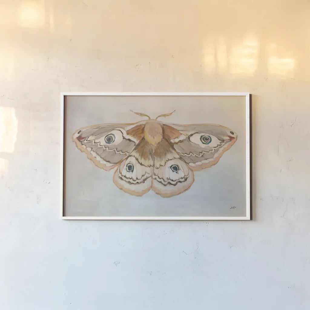 Forest Moth II by Julia Purinton. shown as a paper print in a white frame. Available as a archival giclee rolled canvas, fine art paper, or poster print. SKU 91062i.